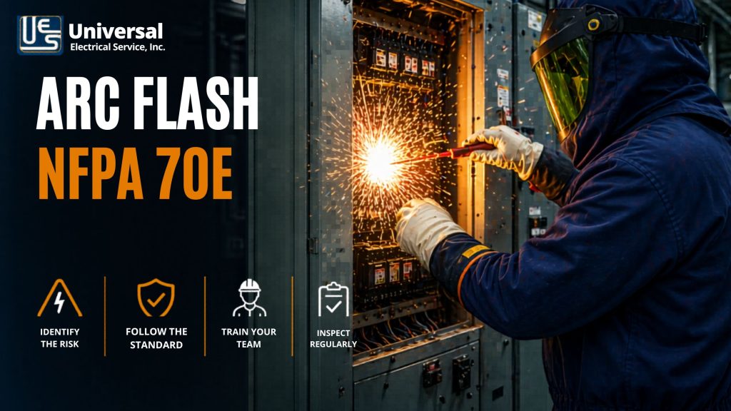 Industrial electrician wearing full arc flash PPE working on an energized electrical panel with visible sparks in a factory environment