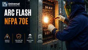 Industrial electrician wearing full arc flash PPE working on an energized electrical panel with visible sparks in a factory environment