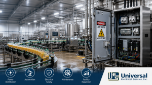 Industrial electrical panel supporting a food and beverage processing facility with power distribution, automation, safety, maintenance, and facility expansion icons.