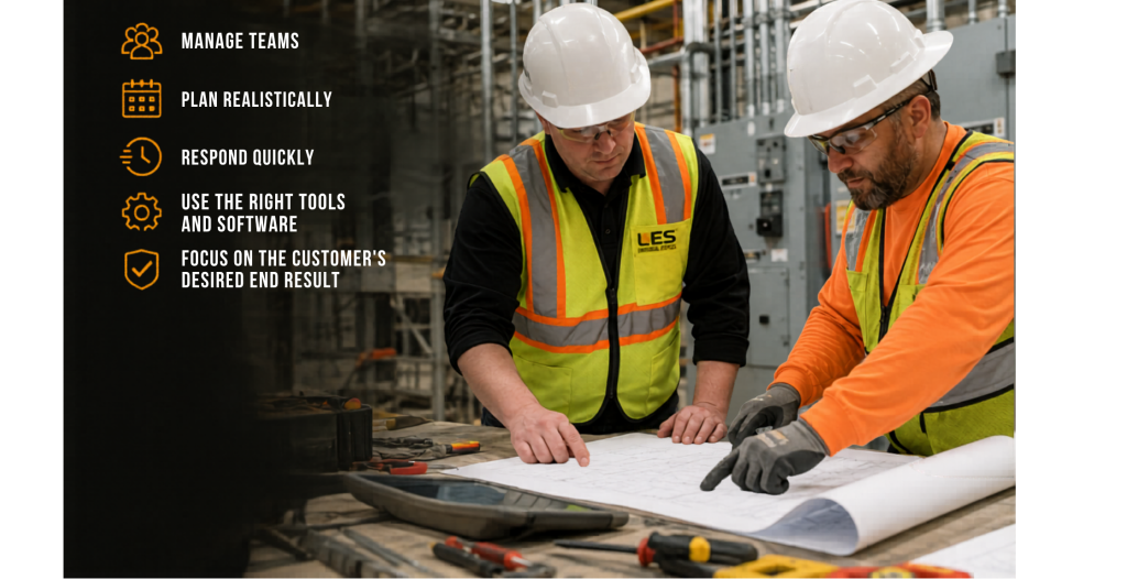 Industrial electrical team reviewing project plans on an active jobsite to keep work on schedule.