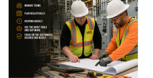 Industrial electrical team reviewing project plans on an active jobsite to keep work on schedule.