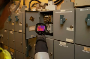 Thermal camera inspecting electrical switchgear for abnormal temperature differences